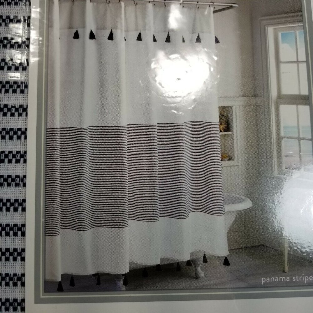 Peri Home Panama Stripe 72-Inch Square Shower Curtain in White/Navy -NEW in Pkg.